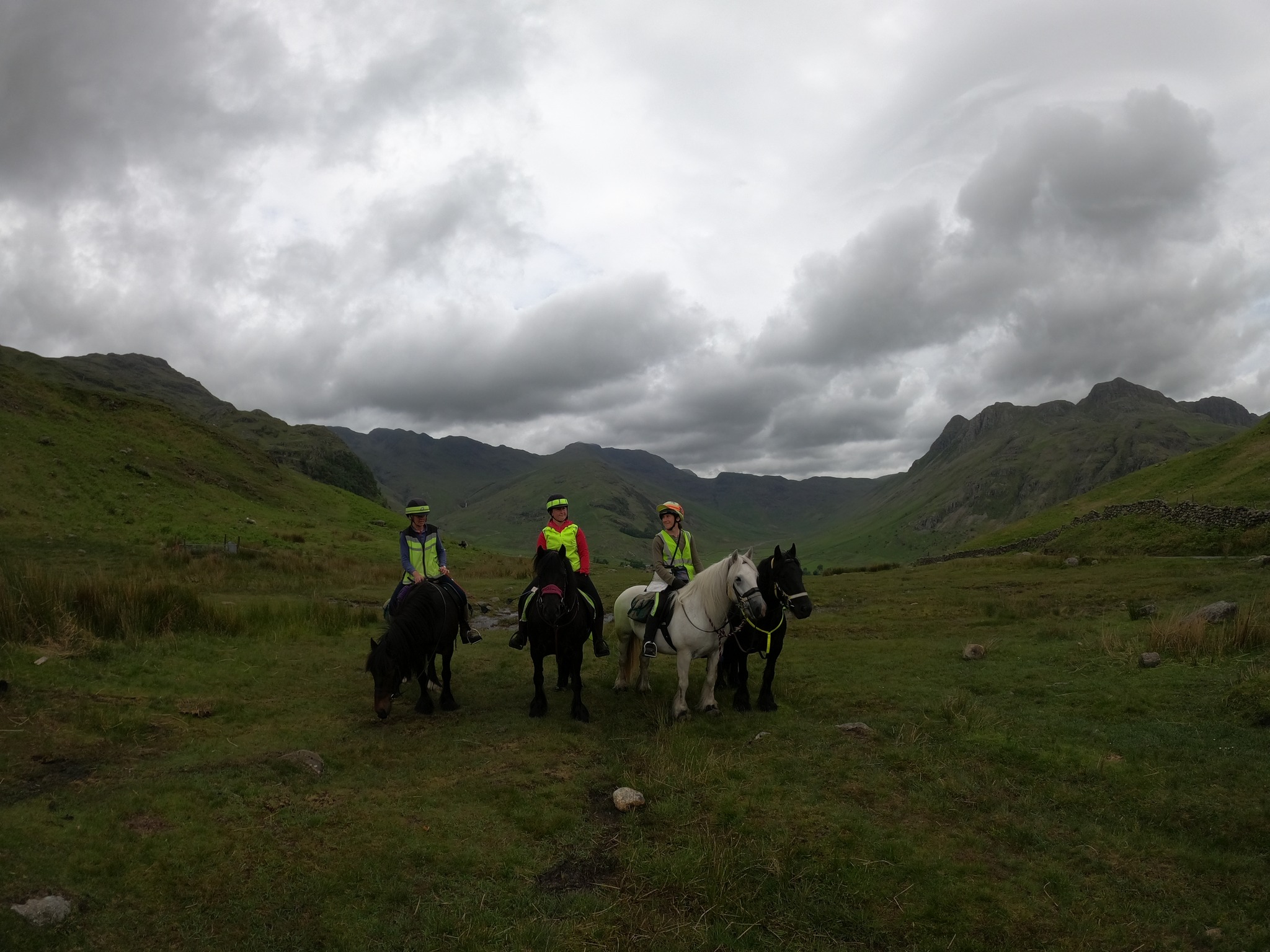 4 ponies and riders in the Lakeland hills