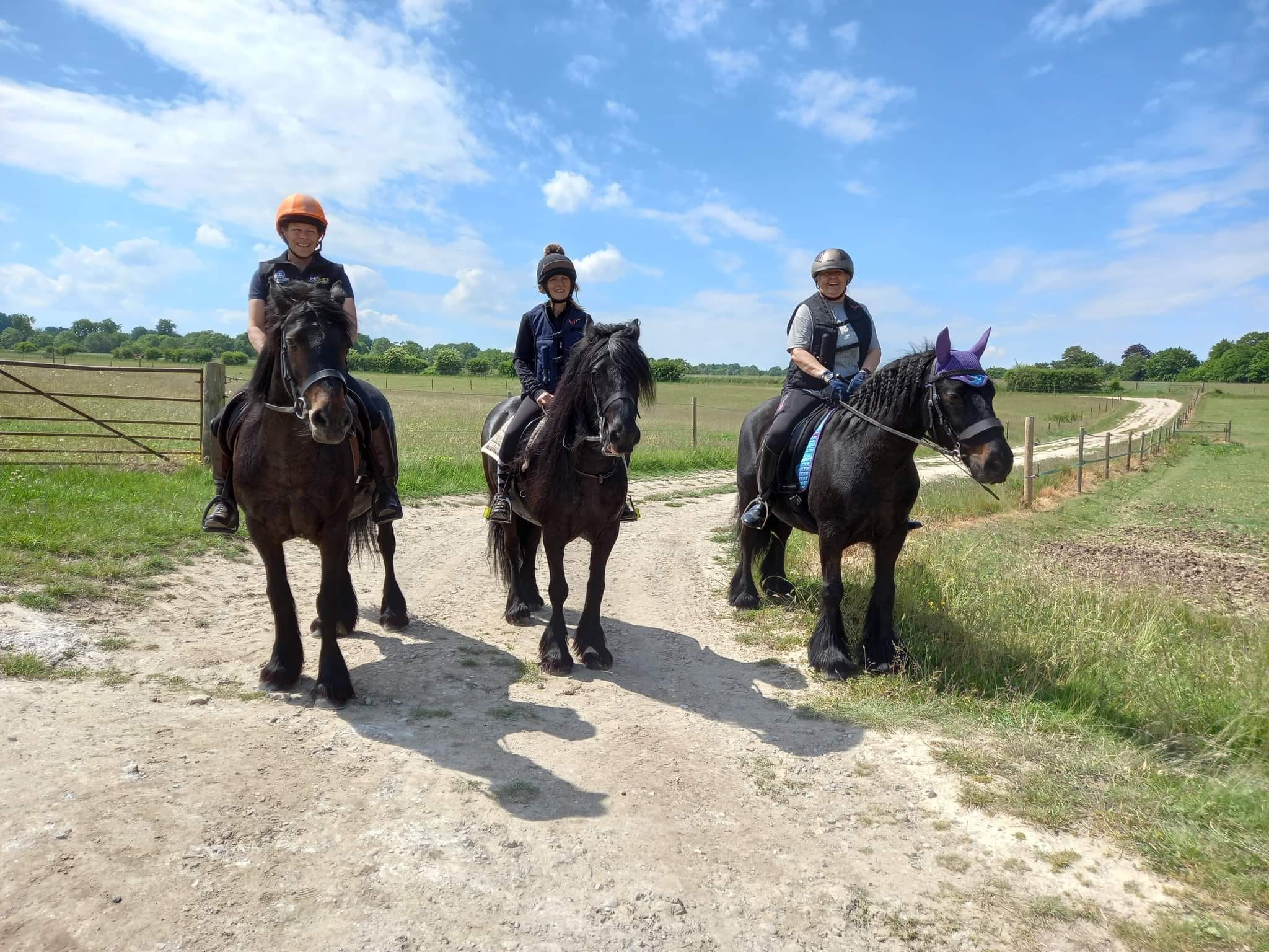 three riders on a gravel track in sunshine