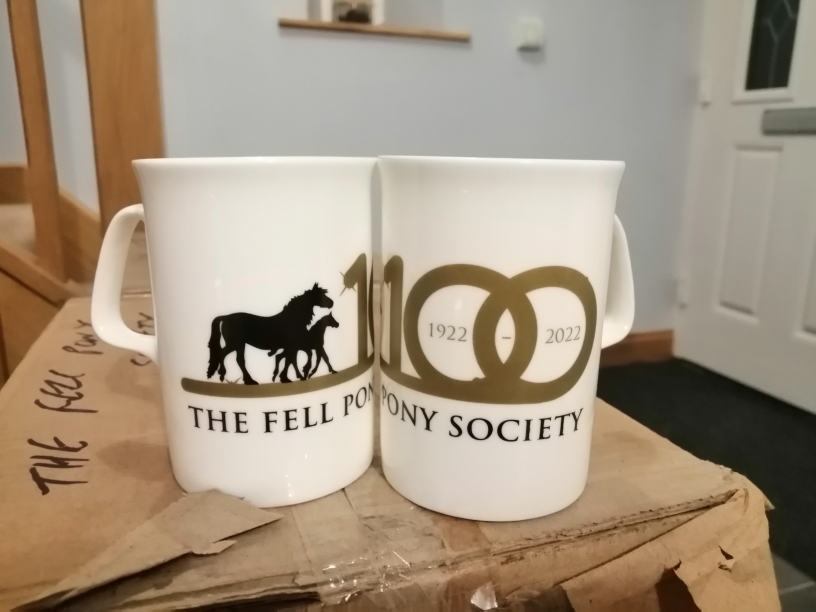 China Mugs with Centenary logo white china mugs with gold FPS 100 Logo