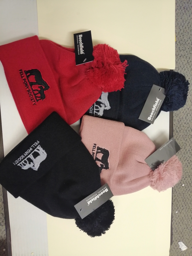 pom pom hats knitted hats with FPS logo and a pompom on top, red,black, navy, pink