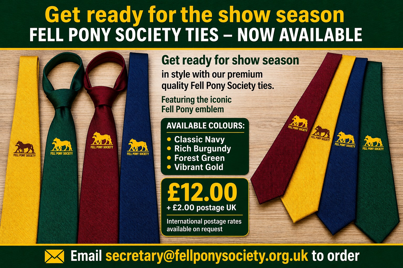 Fell Pony Society ties in green, gold, burgundy, navy