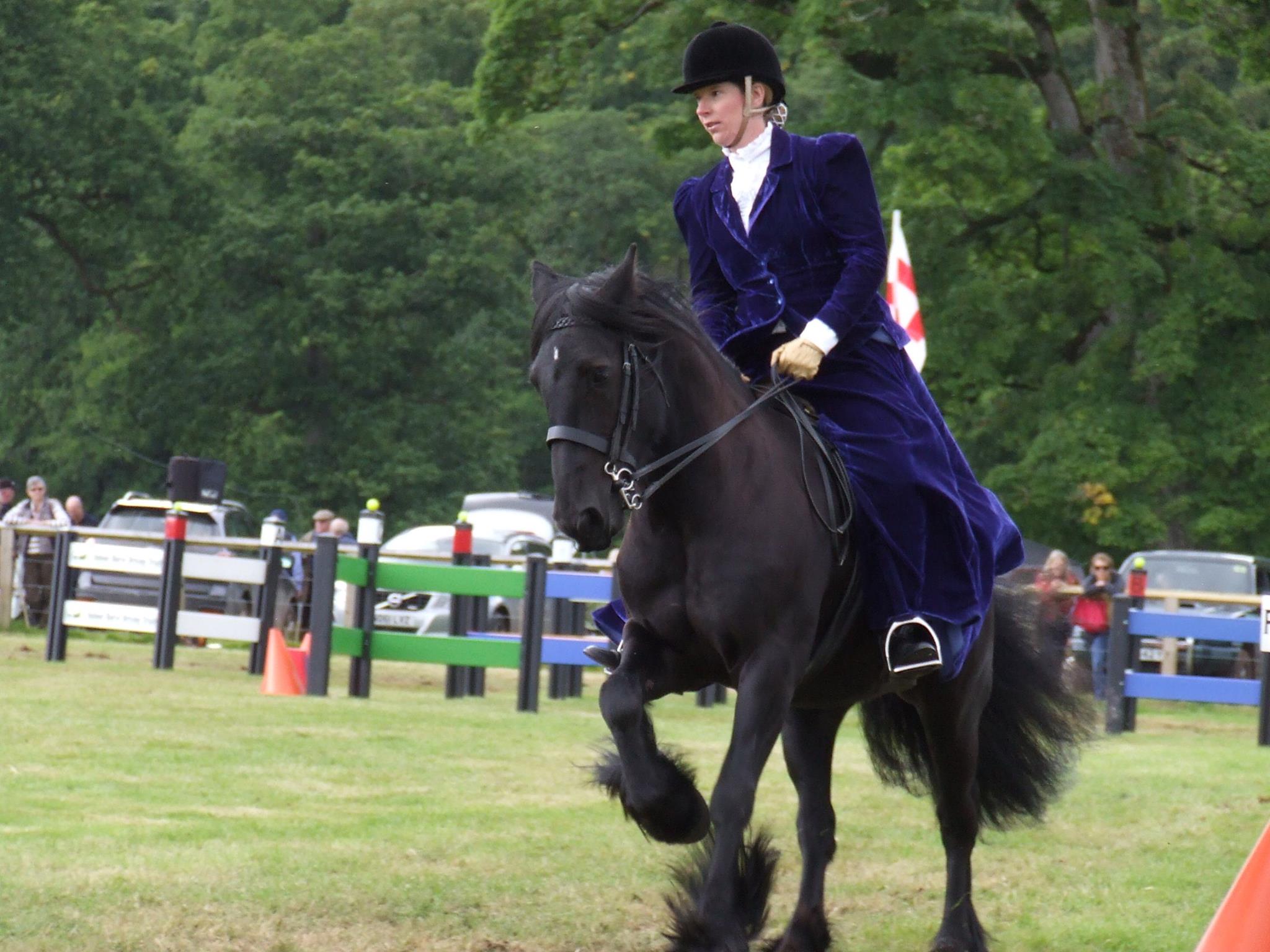 Cantering Fell pony and rider in costume
