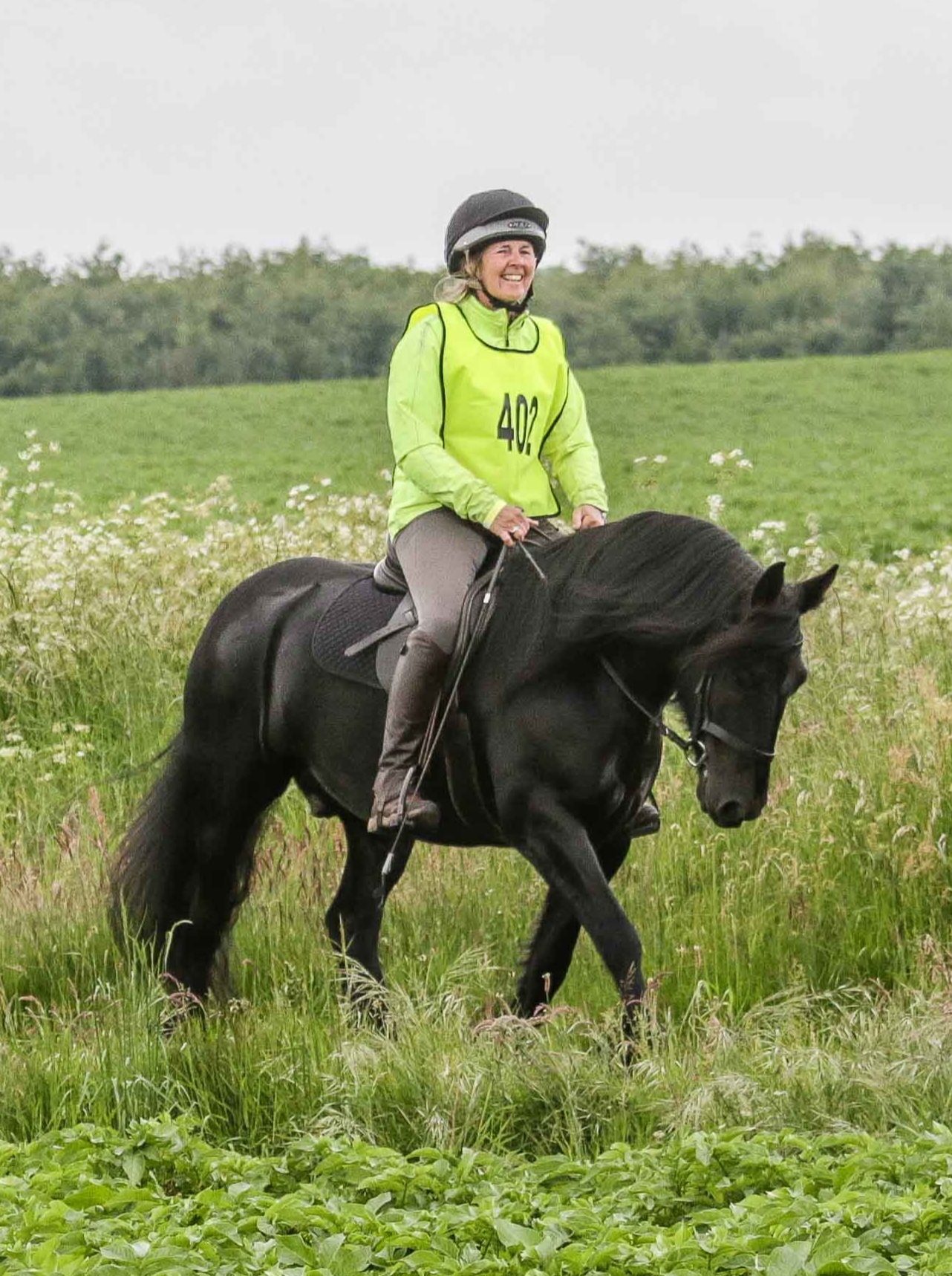 black pony trotting across grassland, rider in high vis jacket