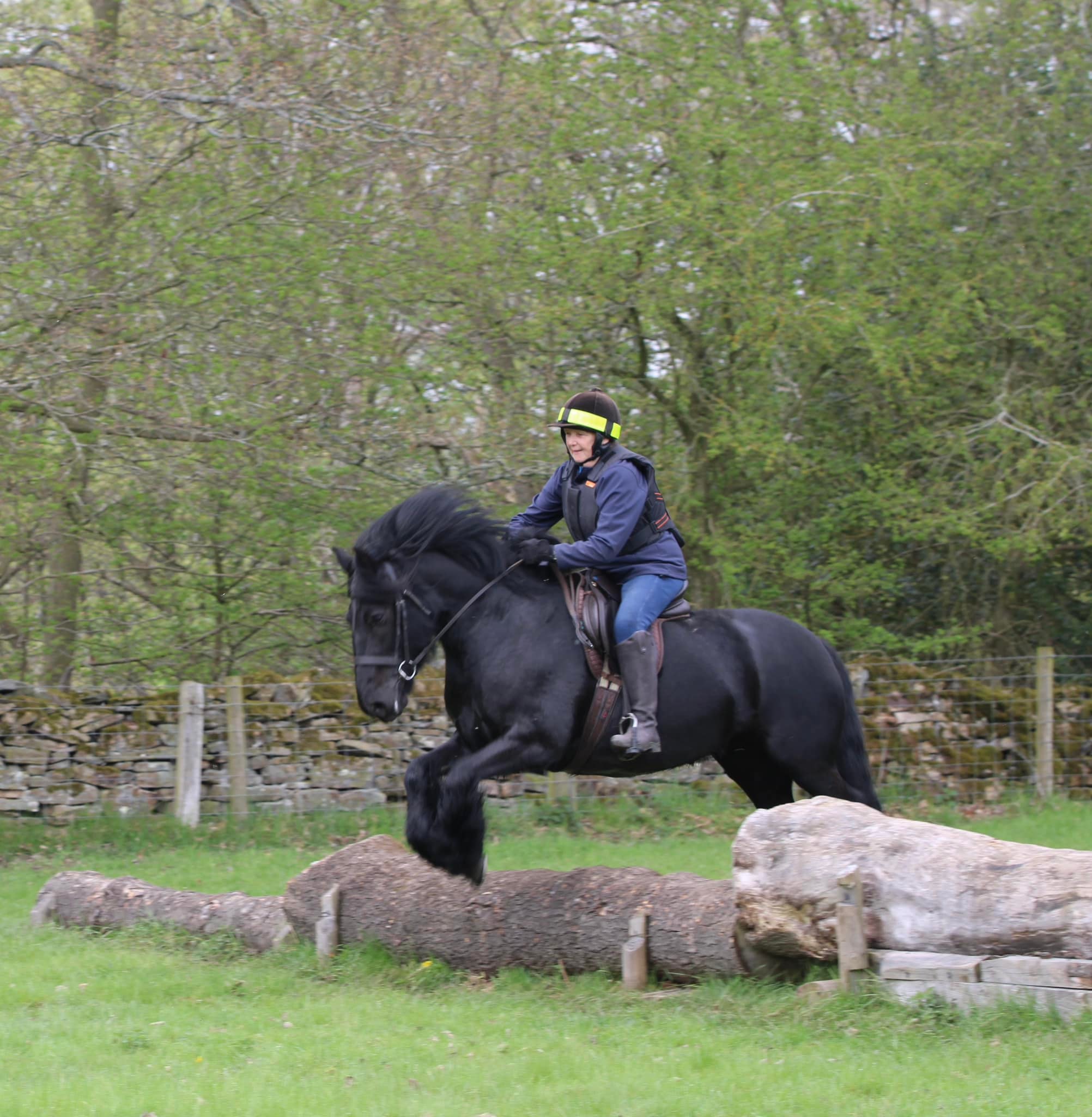 black pony and rider jumping a large log