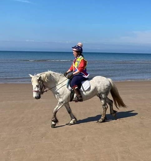 Grey pony and rider on a beach